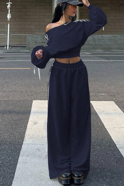 Navy Blue Varsity Striped Bow Knot Detail Cropped Top Elastic Waist Pull On Loose Pant Set