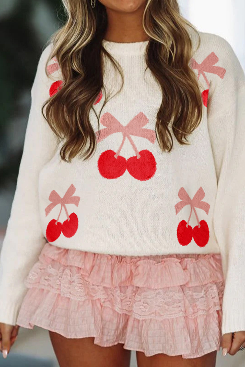 White Cherry Pattern Drop Shoulder Sweater