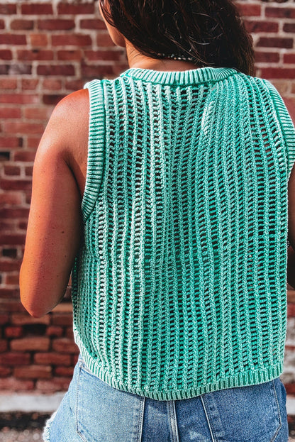 Sea Green Ribbed Trim Hollow Out Knitted Sweater Tank Top