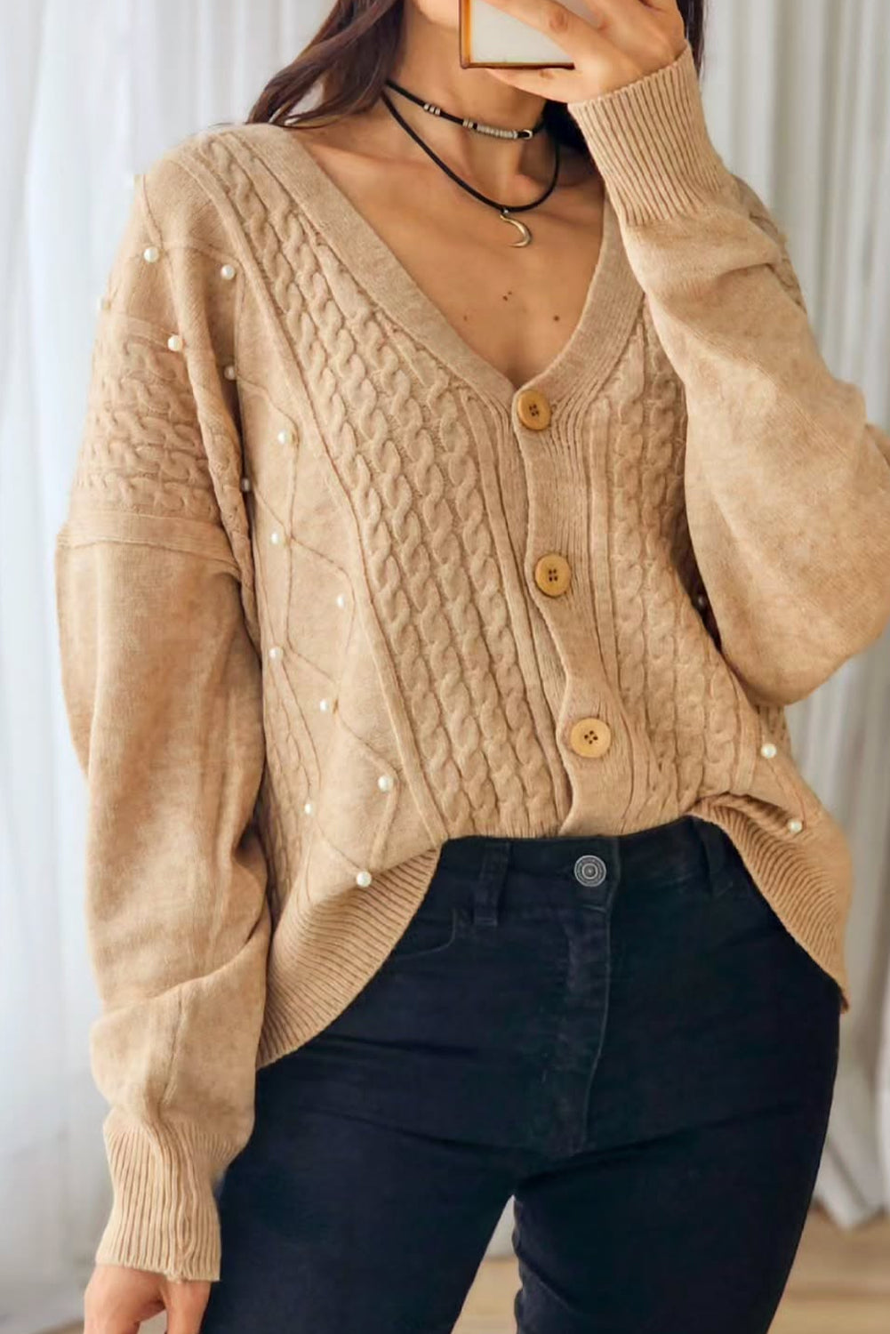 Light French Beige Cable Rhombus Knit Pearl Embellished Button V Neck Cardigan