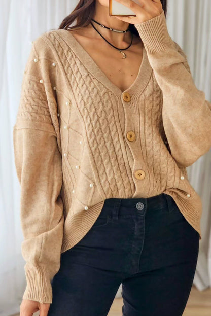 Light French Beige Cable Rhombus Knit Pearl Embellished Button V Neck Cardigan