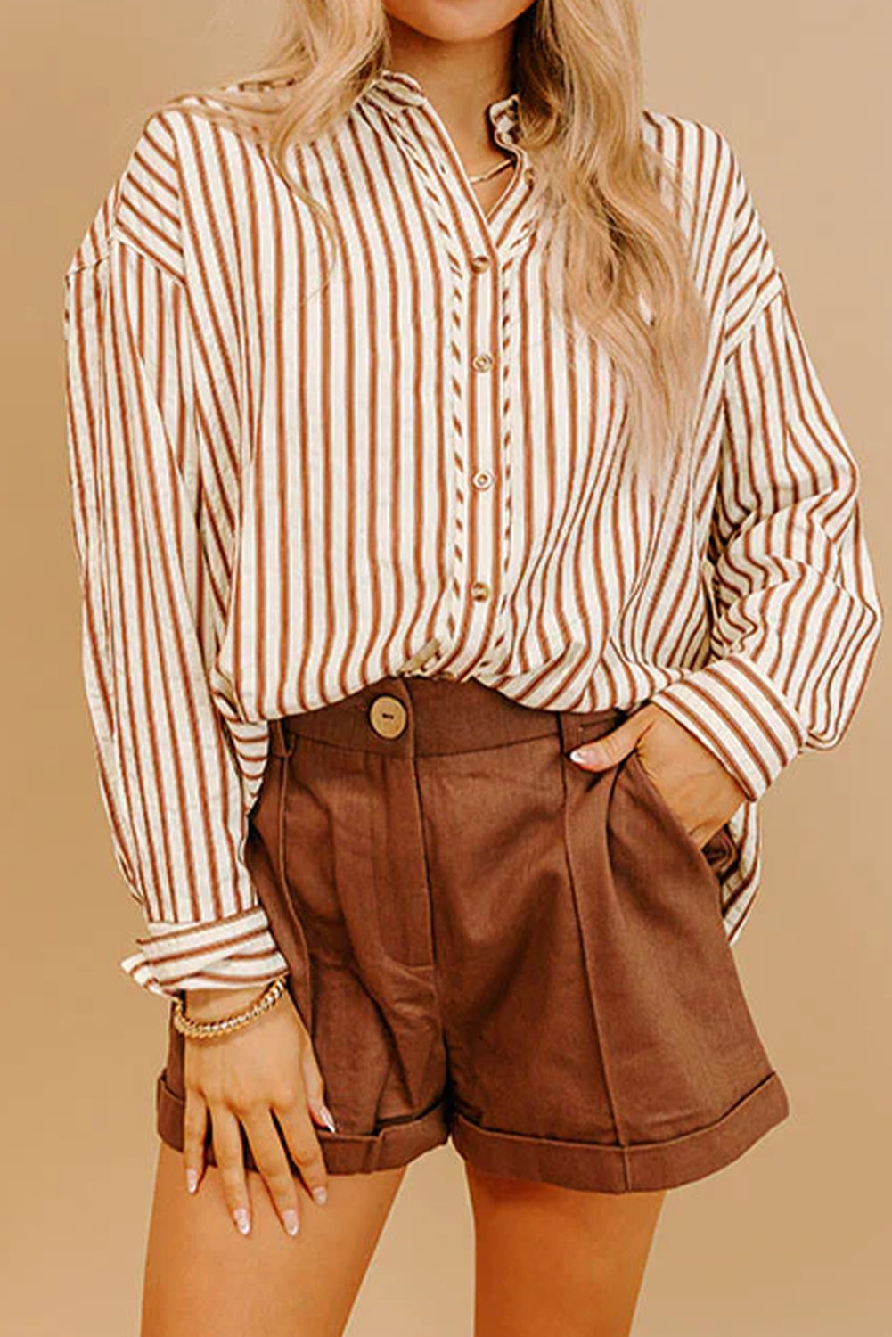 Brown Stripe Textured Hi Low Rounded Hem Casual Shirt with Slits