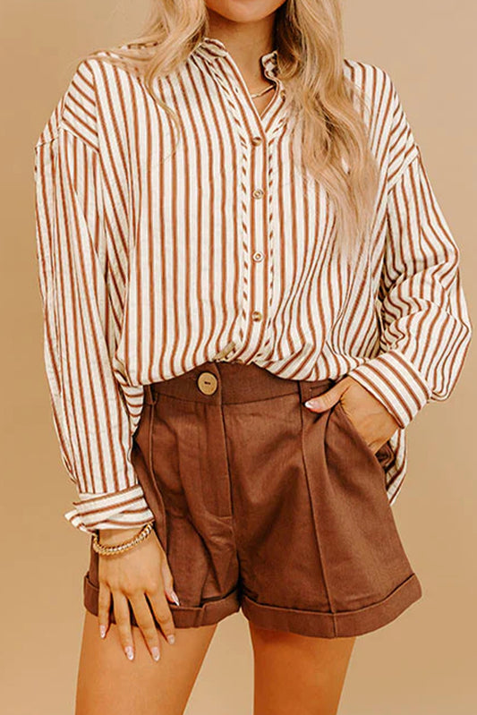 Brown Stripe Textured Hi Low Rounded Hem Casual Shirt with Slits