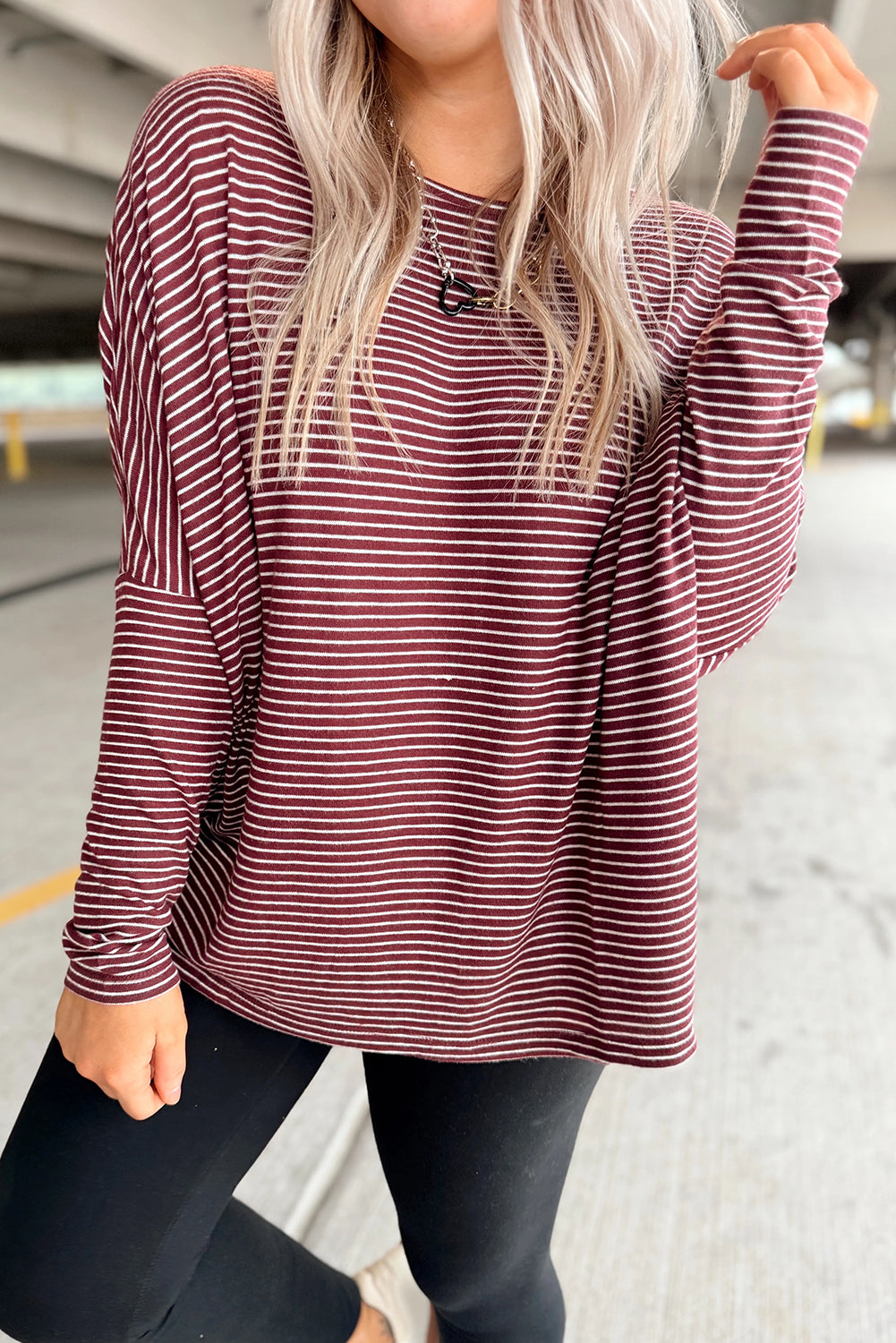 Red Stripe Round Neck Dolman Long Sleeve Top