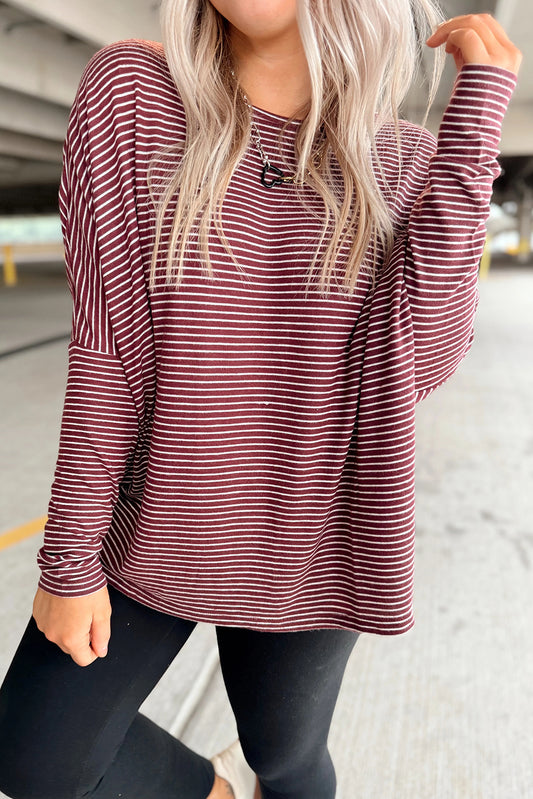Red Stripe Round Neck Dolman Long Sleeve Top