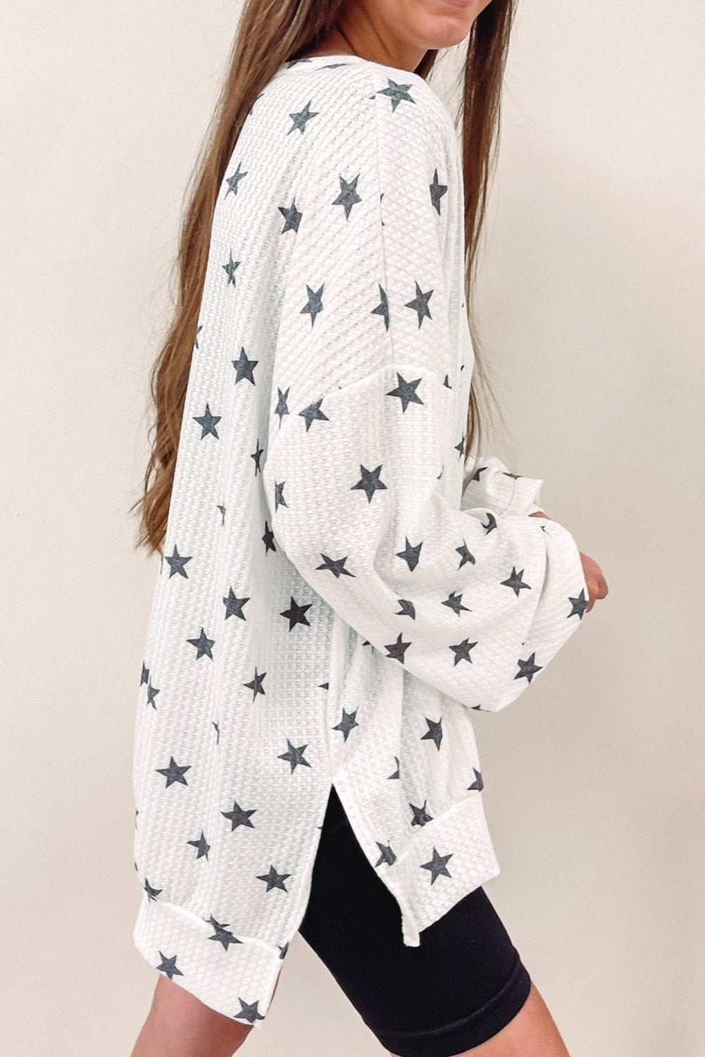White Star Print Waffle Loose Pullover Top
