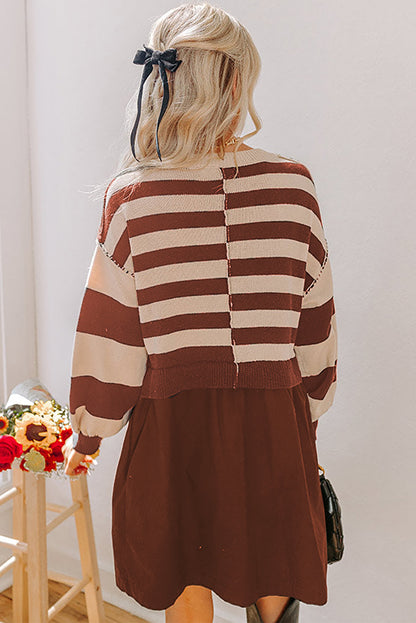Brown Stripe Two in One Knitted Top High Waist Splicing Hem Sweater Dress