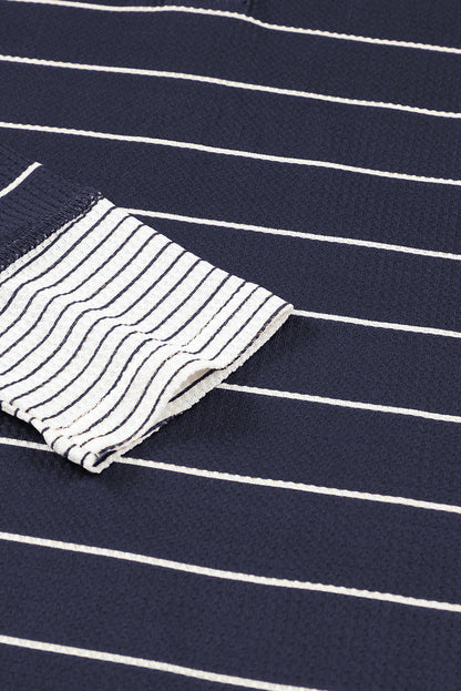 Navy Blue Striped Color Block Buttoned Waffle Knit Shirt