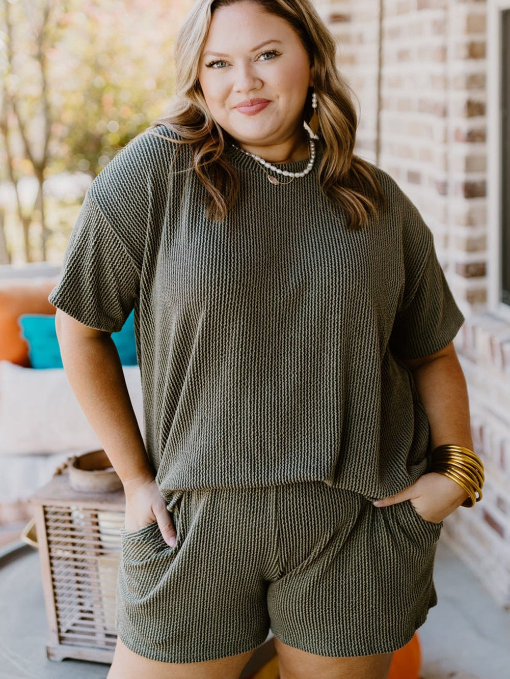 Moss Green Plus Size Rib Knit Short Sleeve Top and Shorts Set