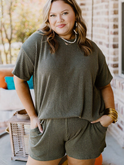 Moss Green Plus Size Rib Knit Short Sleeve Top and Shorts Set