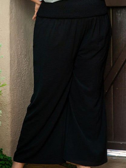 Black Shirred High Waist Plus Size Wide Leg Pants