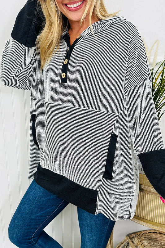 White Twisted Ribbed Color Block Patchwork Hooded Oversize Long Sleeve Top