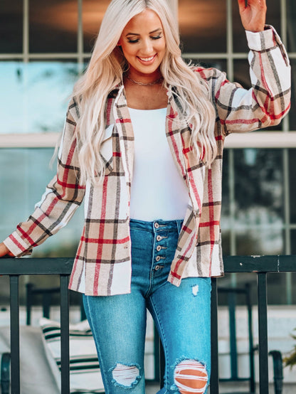 Khaki Plaid Print Sheath Button-Up Coat with Pockets