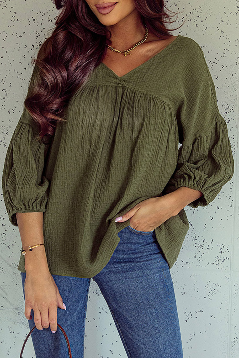 Green Textured V Neck Bracelet Sleeve Babydoll Blouse with Puff Sleeves