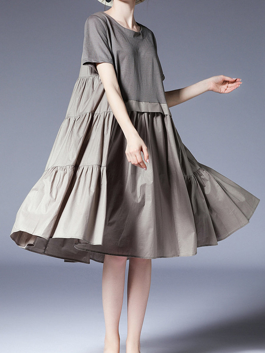 Plus Midi Dresses - Size Curve Dresses Loose Plus Size Round Neck Short Sleeve Stitching Midi Dress - MsDressly