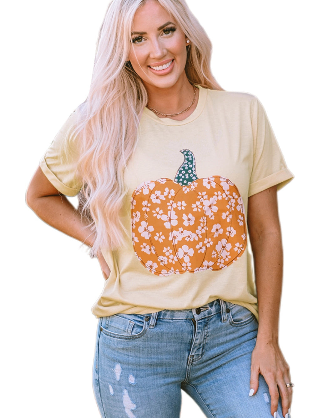 Floral Pumpkin Print Khaki Graphic Tee