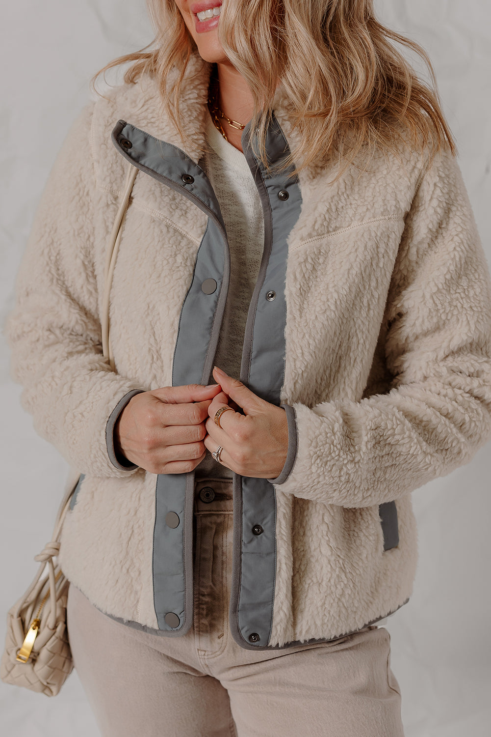 Oatmeal Fleece Sherpa Snap Buttoned Contrast Trim Winter Jacket