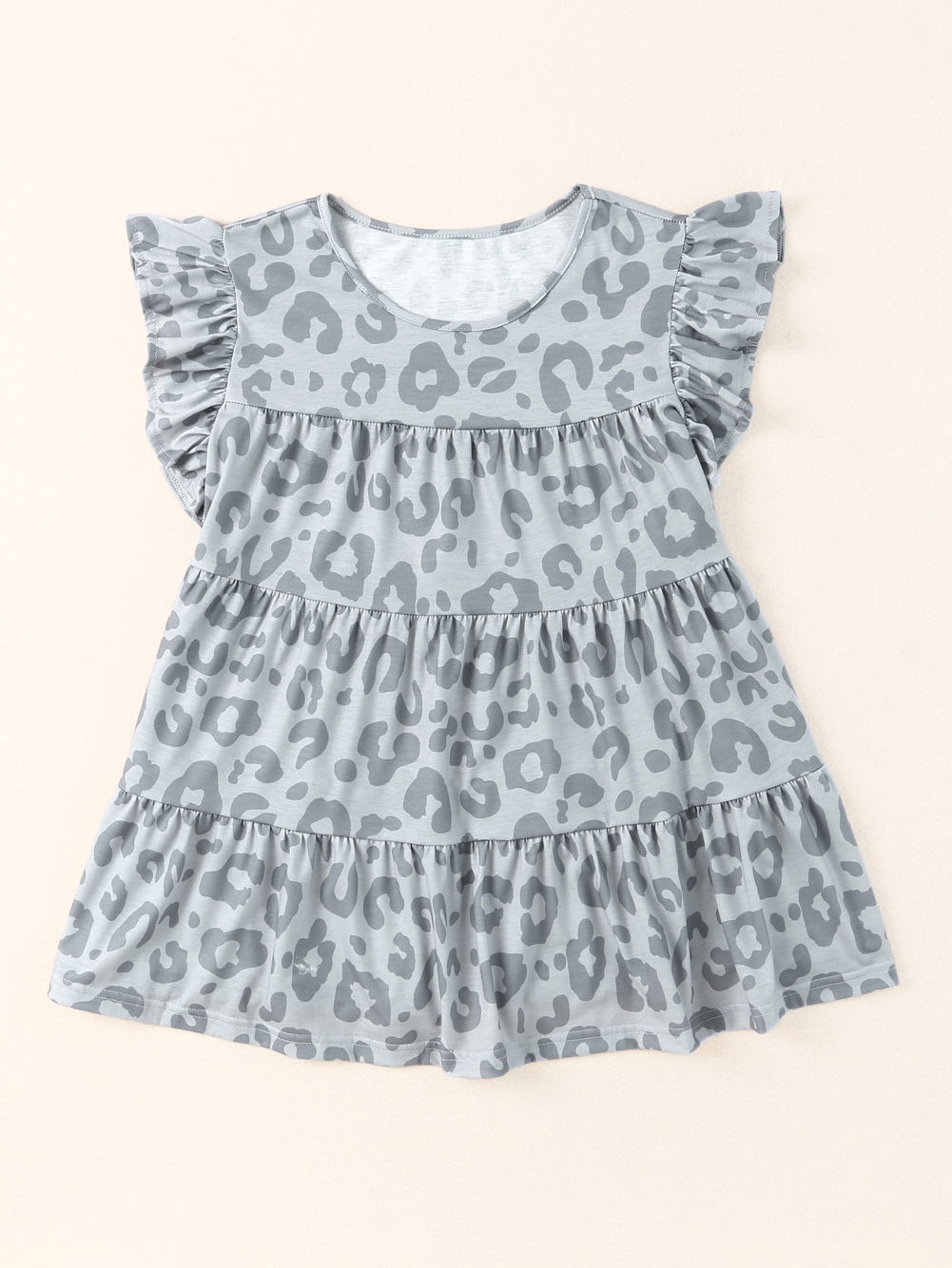 Gray Leopard Pattern Ruffle Sleeve Tiered Tank Top