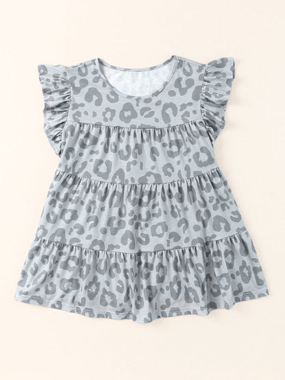 Gray Leopard Pattern Ruffle Sleeve Tiered Tank Top