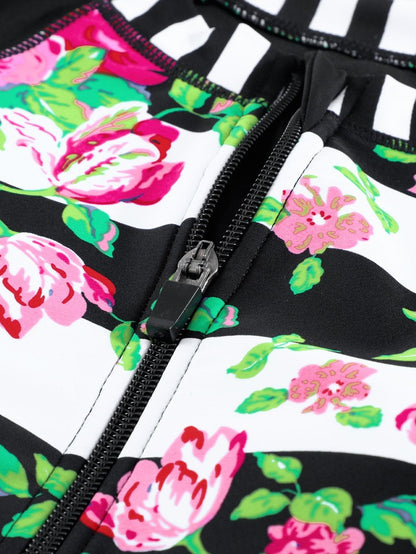 Floral Striped Patchwork Rashguard Swimsuit with Long Sleeves