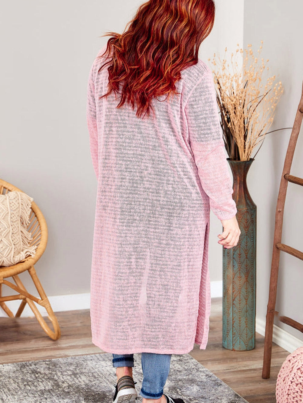 Pink Sheer Knit Long Side Slit Plus Size Cardigan with Southern Belle Style