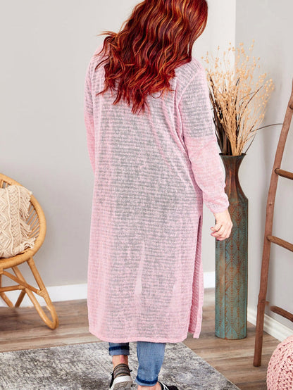 Pink Sheer Knit Long Side Slit Plus Size Cardigan with Southern Belle Style