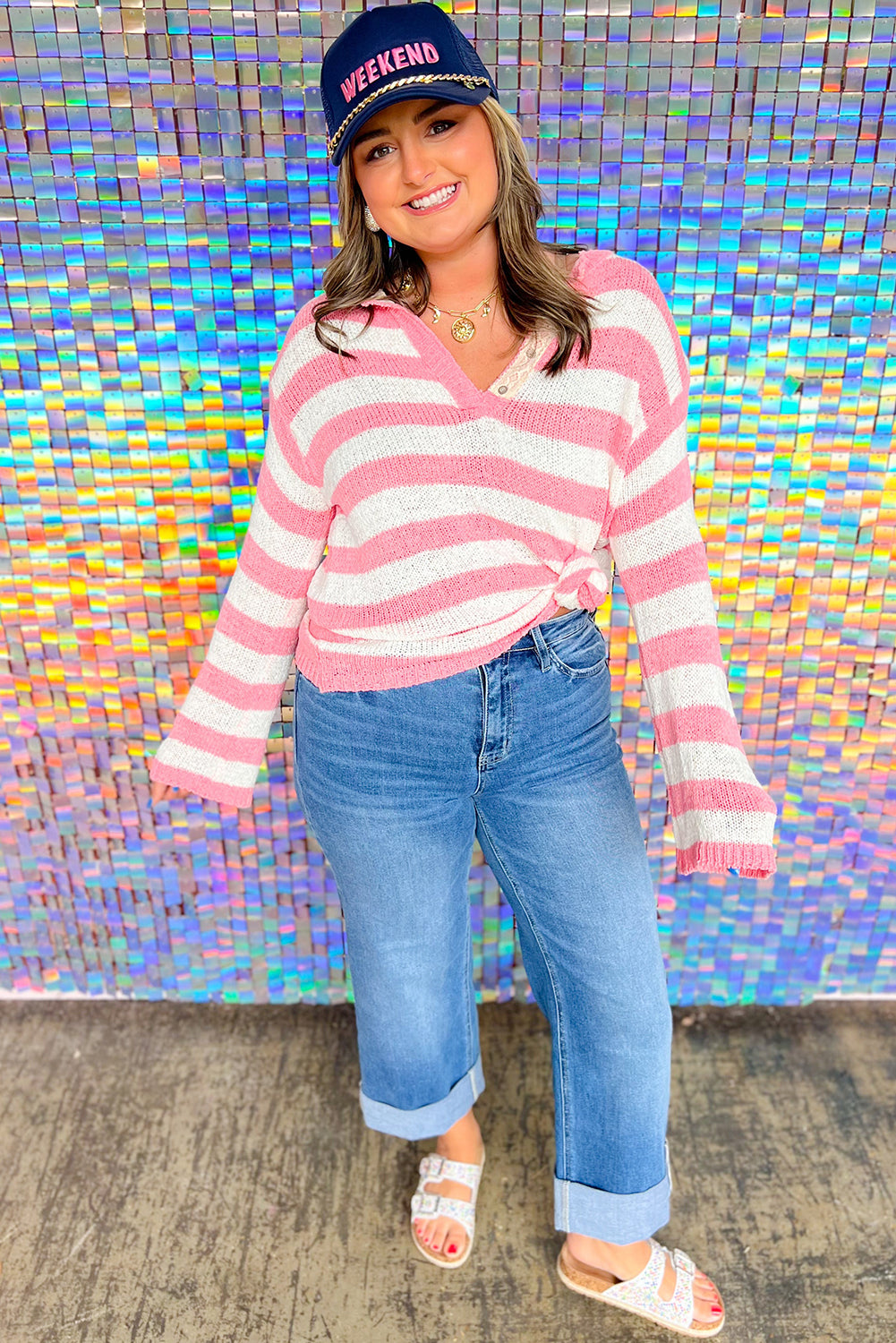 Pink Stripe Lightweight Knitted Lace Button Detail V Neck Plus Size Sweater