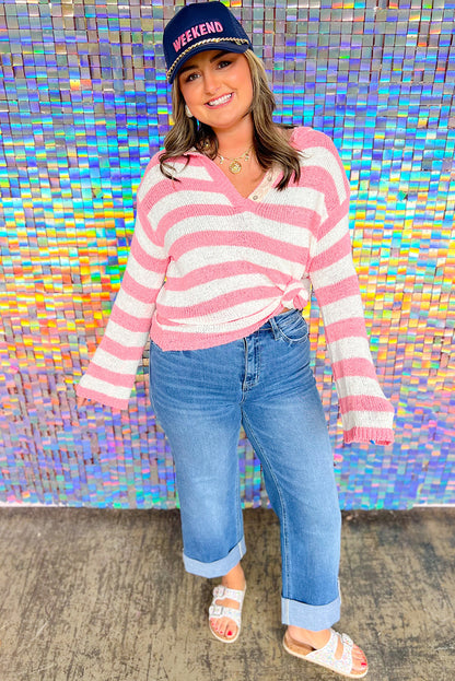 Pink Stripe Lightweight Knitted Lace Button Detail V Neck Plus Size Sweater