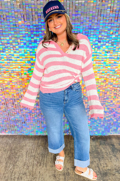 Pink Stripe Lightweight Knitted Lace Button Detail V Neck Plus Size Sweater