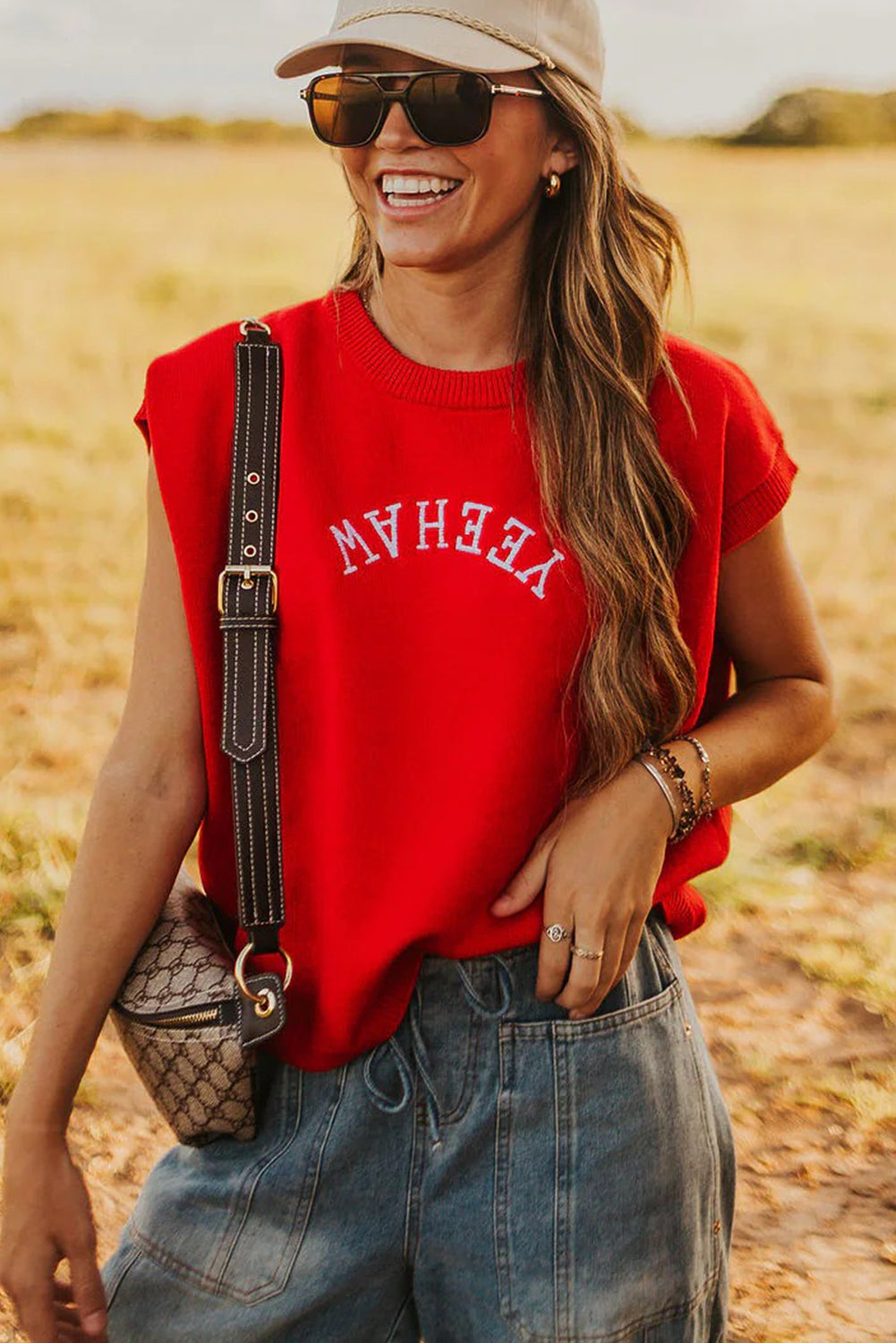 Fiery Red YEEHAW Embroidered Letter Loose Short Sleeve Sweater