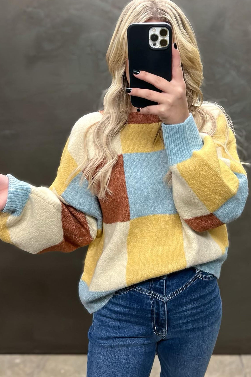 Yellow Plaid Color Block Casual Sweater