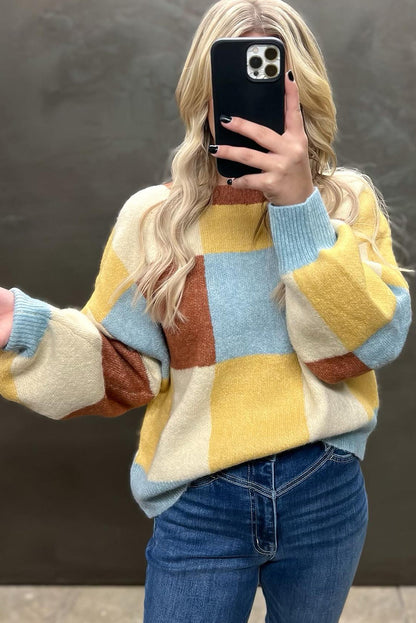 Yellow Plaid Color Block Casual Sweater