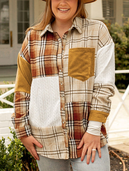 Golden Apricot Plus Size Plaid Patchwork Button up Shacket