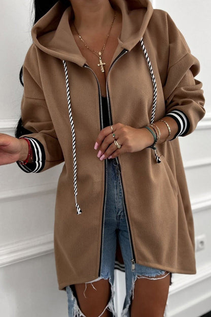 Dark Khaki Contrast Cuffed Drawstring Hooded Zip Up Sweatshirt