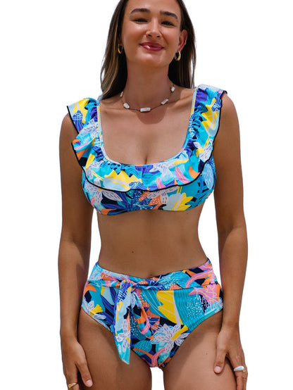 Green Floral Ruffle Square Neck High Waist Bikini Set