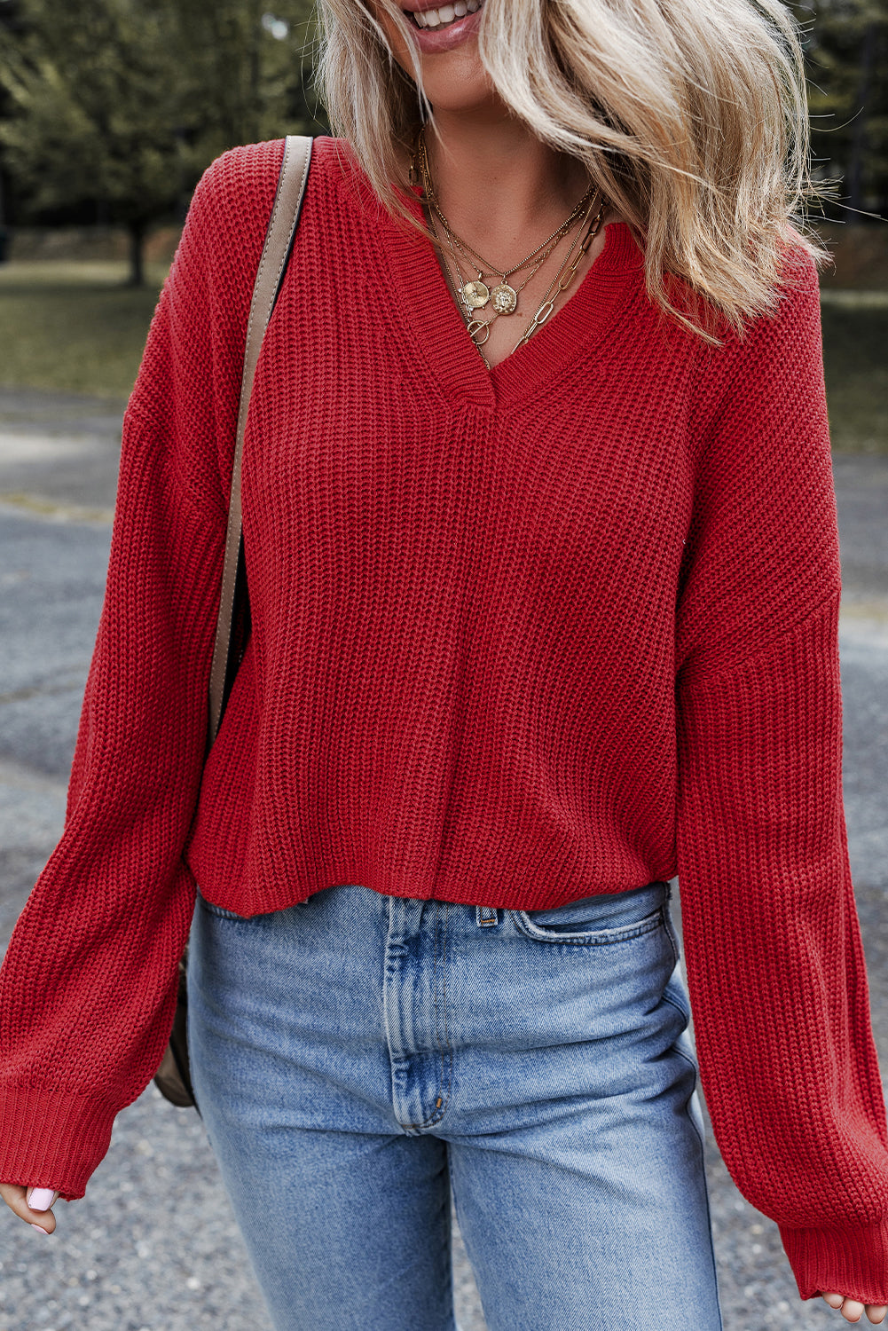 red v neck sweater