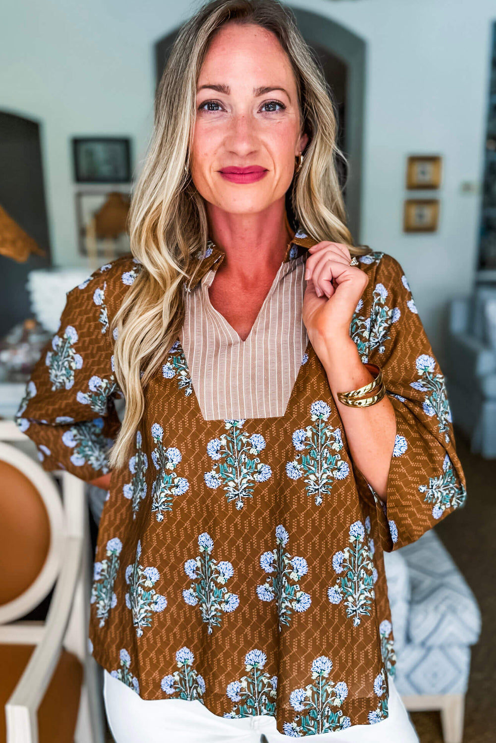 Brown Floral Print 3/4 Sleeve Contrast V Neck Patchwork Blouse