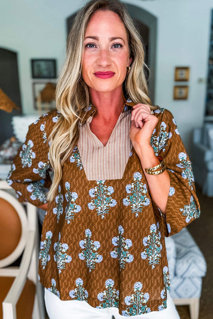 Brown Floral Print 3/4 Sleeve Contrast V Neck Patchwork Blouse