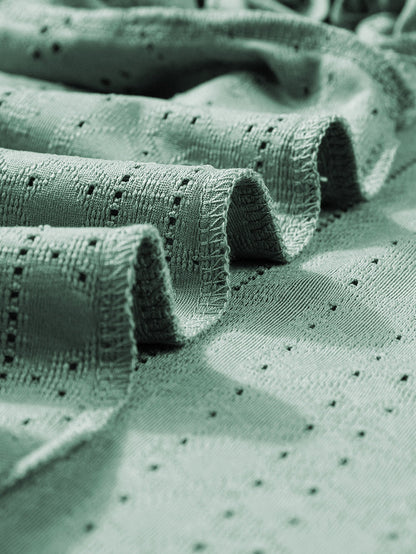 Green Jacquard V-Neck Plus Size Blouse with Petal Sleeves