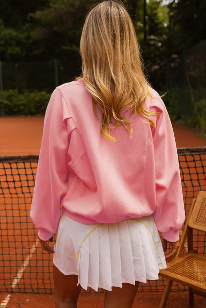 Peach Blossom Pleated Balloon Sleeve Pullover Solid Sweatshirt