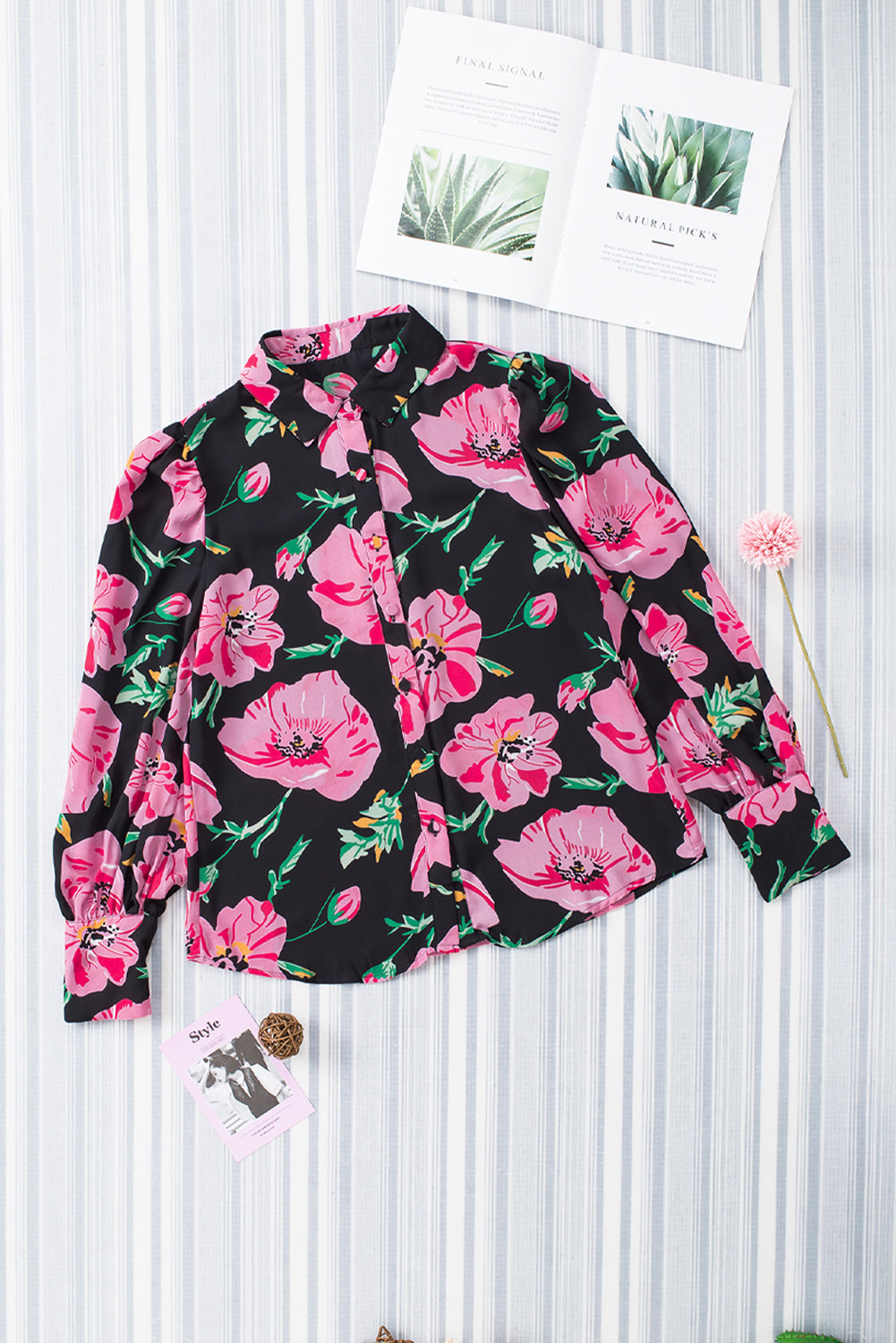 Elegant Floral Print Puff Sleeve Blouse