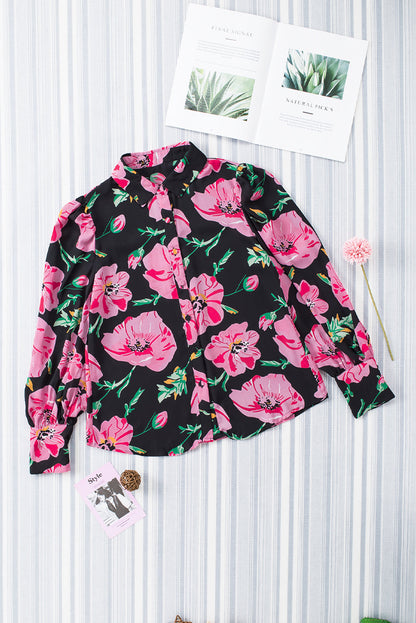 Elegant Floral Print Puff Sleeve Blouse