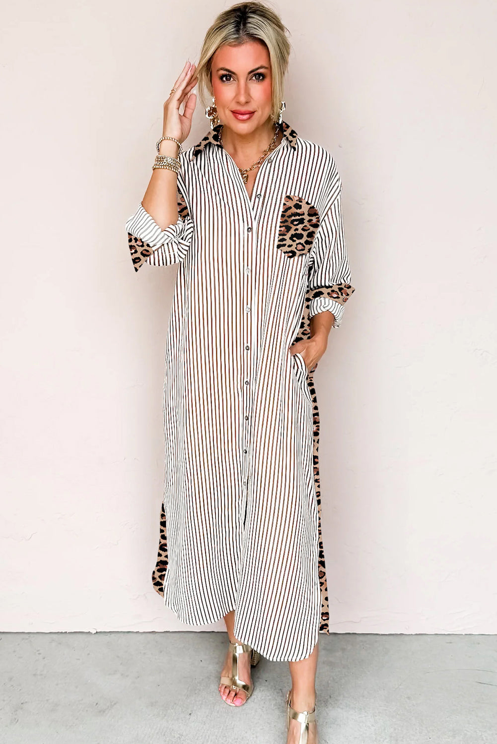 Brown Stripe Contrast Leopard Patchwork Long Shirt Dress