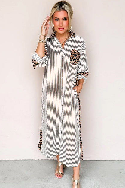 Brown Stripe Contrast Leopard Patchwork Long Shirt Dress