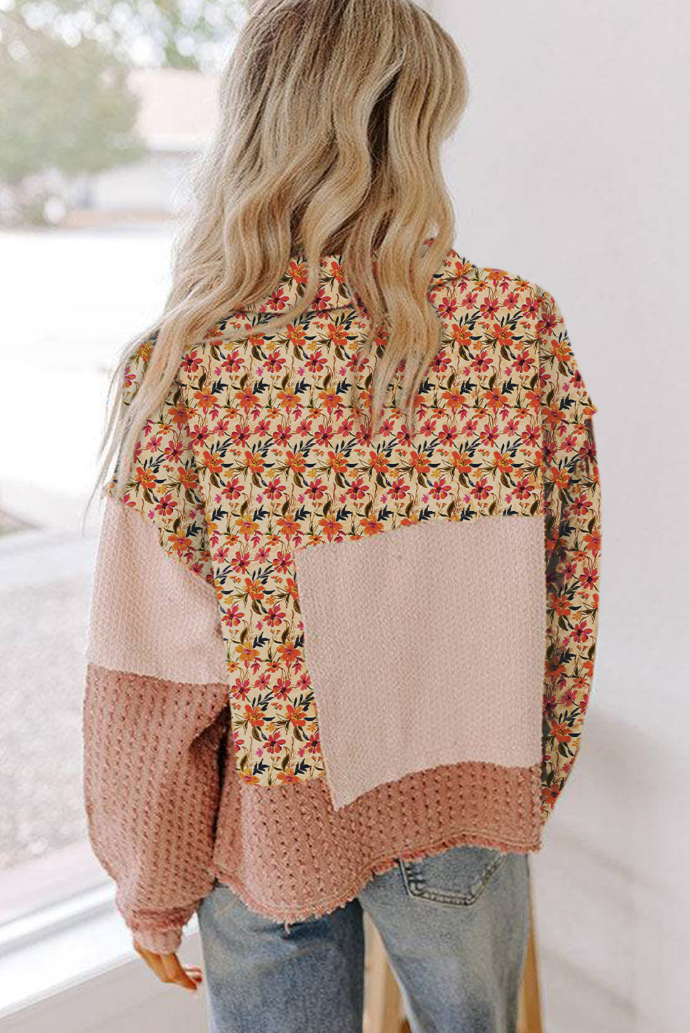 Delicacy Textured Floral Colorblock Patchwork Button Up Distressed Jacket