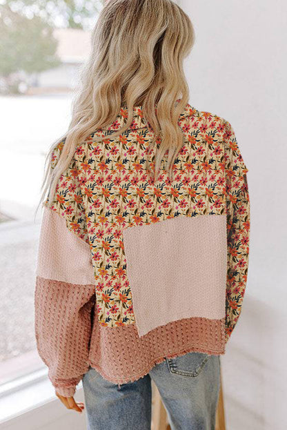 Delicacy Textured Floral Colorblock Patchwork Button Up Distressed Jacket