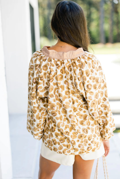 Khaki Leopard Print Contrast Trim Button Neck Long Puff Sleeve Blouse