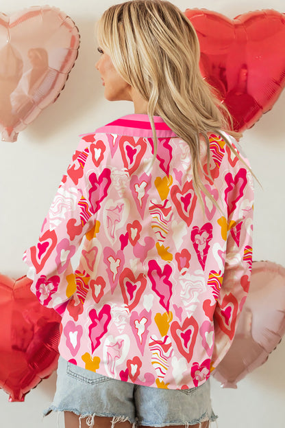 Pink Whimsical Heart Print Striped Trim Loose Shirt