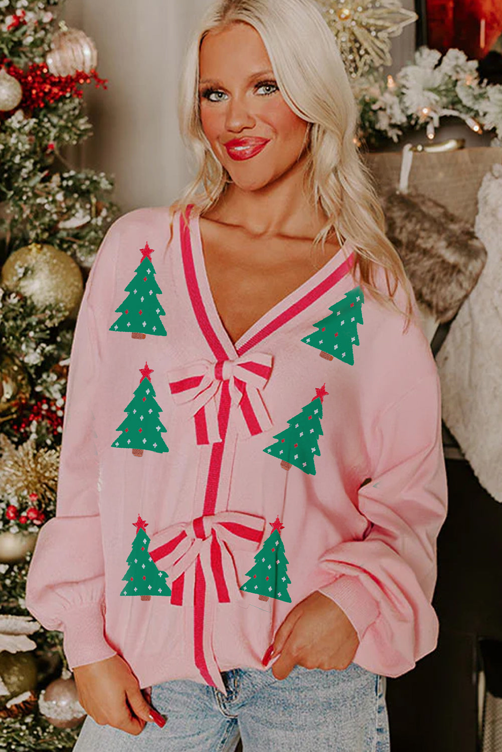 Pink Christmas Tree Print Striped V Neck Bow Decor Baggy Sweater