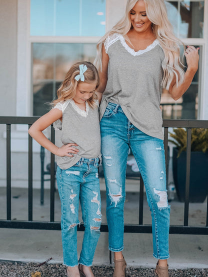 Gray Knit Lace Detail Cap Sleeve Top